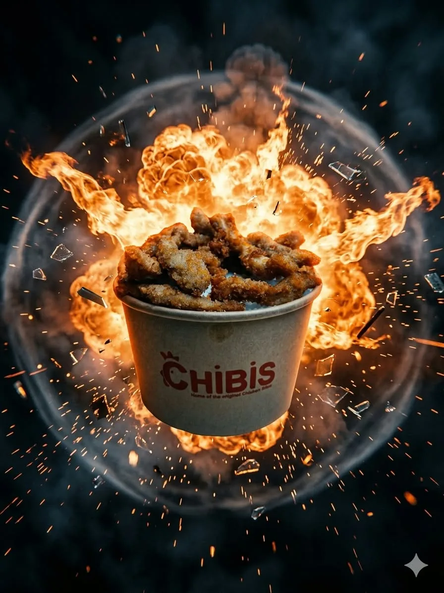 Chibis original chicken bites in a branded cup against a fiery background